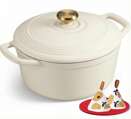 Overmont Enameled Cast Iron Dutch Oven - 5.5QT Pot with Lid Cookbook & Cotton Potholders - Heavy-Duty Cookware for Braising, Stews, Roasting, Sourdough Baking White by Overmont
