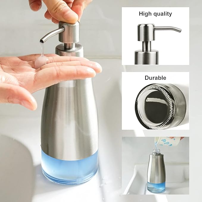 AUMIO Soap Dispenser with Non-Slip Silicone Pad, 2 Pack Kitchen Dish Refillable Liquid Dispensers, Hand Soap Dispenser for Bathroom, Stainless Steel Case Glass Liner Hand Pump Dispenser Silver & Black - Image 5