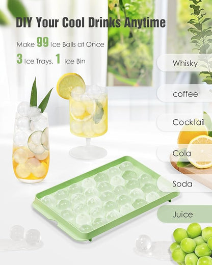 3-Pack Small Circle Ice Cube Tray for Freezer with Lid and Bin, Makes 99 x 0.87" Mini Round Ice Balls (33 per Tray), BPA-Free Sphere Ice Trays for Juice, Cocktails, Whiskey, and Coffee Drinks