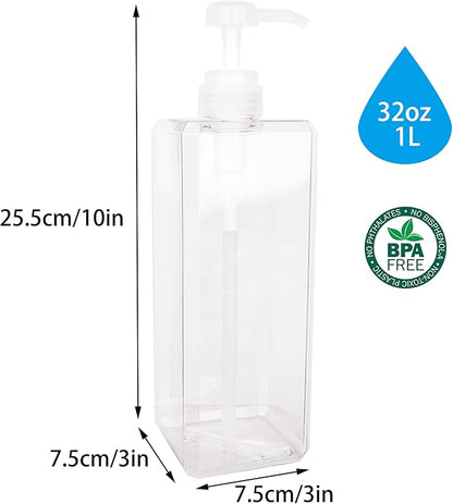 Pump Bottle, Refillable Plastic Empty Lotion Soap Dispenser Liquid Container for Bathroom Shampoo and Body Wash, 32oz/1l Clear 2 Pack