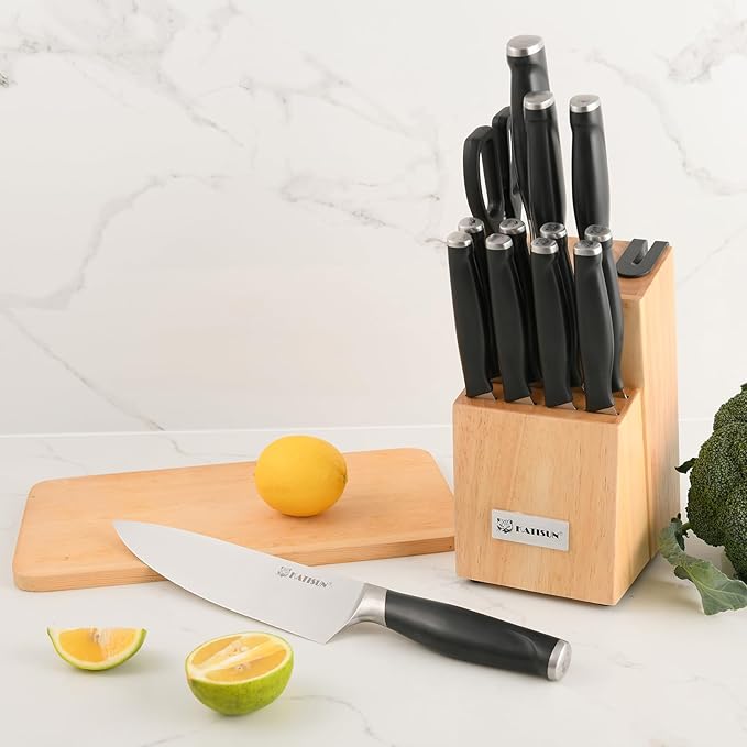 15-Piece Kitchen Knife Set with Block, ABS Ergonomic Handle for Chef Knife Set and Serrated Steak Knives Knife Sharpener and Kitchen Shears, Dishwasher Safe, Natural Block - Image 7