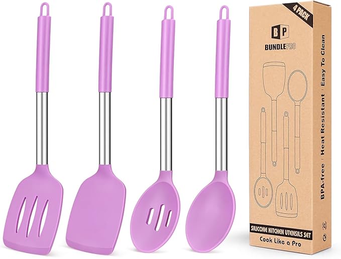 Pack of 4 Silicone Cooking Utensils Set, Non Stick Large Solid Spatulas, Heat Resistant Purple Slotted Spoons, Ideal BPA Free Kitchen Turners for Frying, Mixing,Serving,Draining,Turning,Stirring by BUNDLEPRO