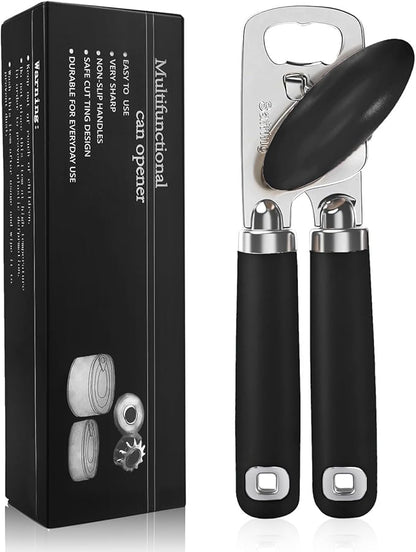 Safring Can Opener Manual, Heavy Duty Stainless Steel Smooth Edge Can Openers With Soft Touch Handle, Oversized Handheld Easy Turn Knob, Multi-Function Bottle Opener, Black
