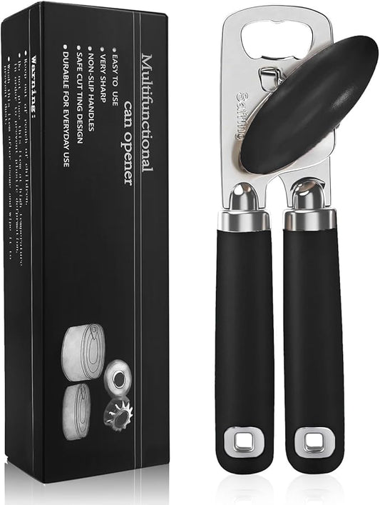 Safring Can Opener Manual, Heavy Duty Stainless Steel Smooth Edge Can Openers With Soft Touch Handle, Oversized Handheld Easy Turn Knob, Multi-Function Bottle Opener, Black