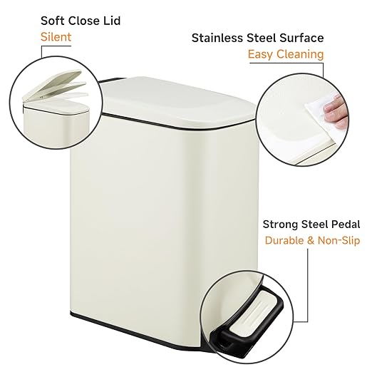 TIPGO Slim Bathroom Trash Can with Lid Soft Close, 6 Liter / 1.6 Gallon Stainless Steel Garbage with Removable Inner Bucket, Small Trash Bins for Bedroom, Office (Cream) - Image 2