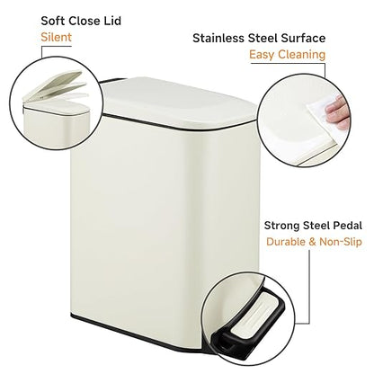 TIPGO Slim Bathroom Trash Can with Lid Soft Close, 6 Liter / 1.6 Gallon Stainless Steel Garbage with Removable Inner Bucket, Small Trash Bins for Bedroom, Office (Cream) - Image 2