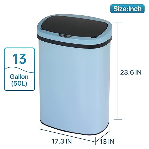 Dkeli Kitchen Trash Can for Bathroom Bedroom Home Office Automatic Touch Free High-Capacity Garbage Can with Lid Brushed Stainless Steel Waste Bin 13 Gallon / 50L - Blue