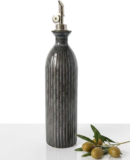 17 oz Ceramic Olive Oil Bottle Dispenser for kitchen with Stainless Automatic Spout, Stoneware 500ml Oil, Vinegar, Soy Sauce, Coffee Syrup, and Liquids container - Deep Gray-Blue