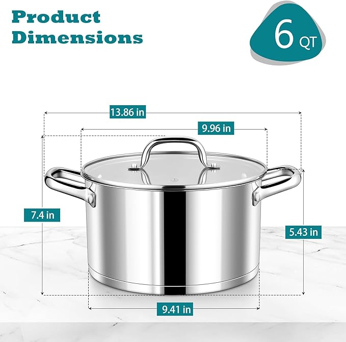P&P CHEF 6 Quarts Cooking Stock Pot with Lid, Stainless Steel Stockpot Induction Pot for Soup, Tri-Ply Bottom & Clear Glass Lid & Double Handle, Dishwasher Safe - Image 2