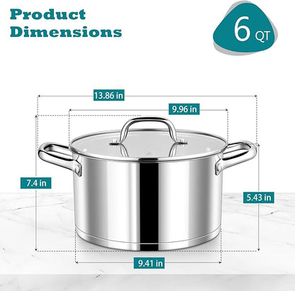 P&P CHEF 6 Quarts Cooking Stock Pot with Lid, Stainless Steel Stockpot Induction Pot for Soup, Tri-Ply Bottom & Clear Glass Lid & Double Handle, Dishwasher Safe - Image 2