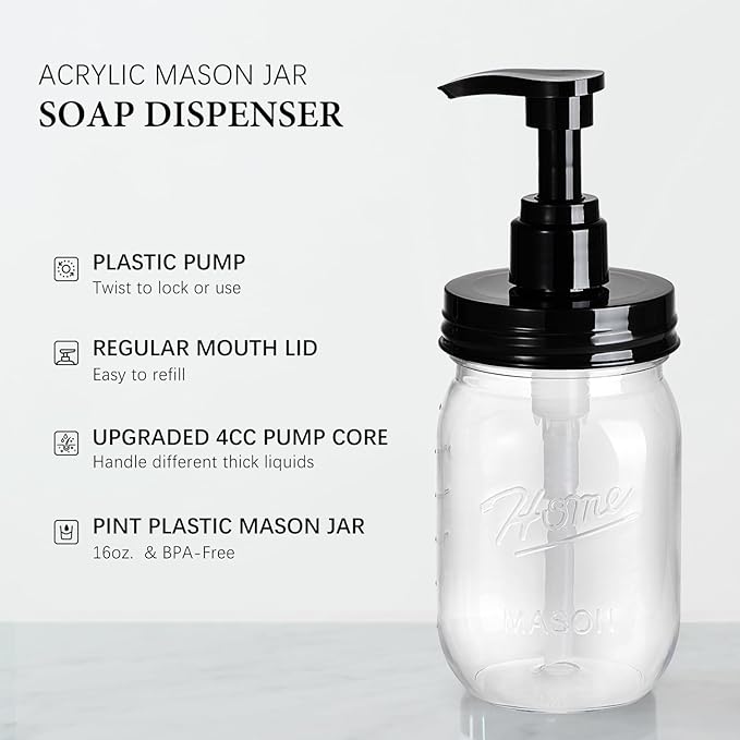 Amolliar Plastic Mason Jar Soap Dispenser with Pump Lid,16OZ Refillable BPA-Free Hand Soap Dispenser Set with Cute Lables - Farmhouse Decor for Kitchen/Bathroom,Liquid Soap,Dish Soap, Lotion (4 Pack) - Image 2