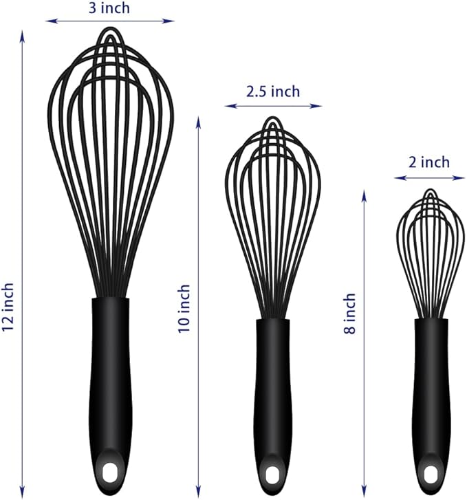OYV Dishwasher Safe Silicone Whisk, Sealed Waterproof Design Set of 3, Professional Kitchen Whisks for Cooking Non-Scratch, Silicone & Stainless Steel Whisk, Heat Resistant Balloon Egg Beater, Black - Image 6