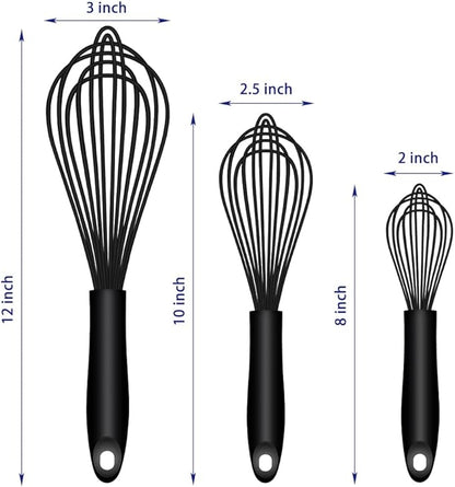 OYV Dishwasher Safe Silicone Whisk, Sealed Waterproof Design Set of 3, Professional Kitchen Whisks for Cooking Non-Scratch, Silicone & Stainless Steel Whisk, Heat Resistant Balloon Egg Beater, Black - Image 6