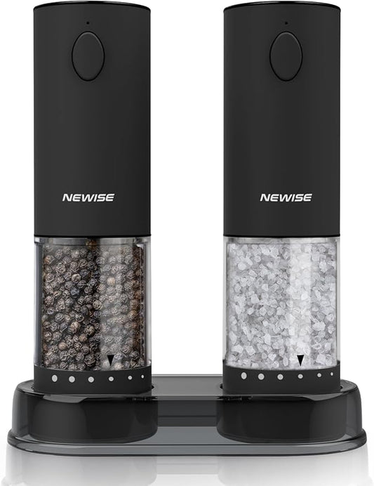 Newise Electric Salt & Pepper Grinder Set, Rechargeable with LED Light & External Coarseness Adjustment, Kitchen Gadgets for Mom Home Cooks & Families - Black