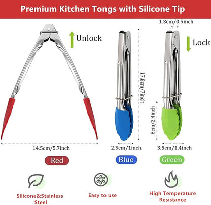Mini Kitchen Tongs with Silicone Tips, 3-Piece Set, 7-Inch Non-Stick Tongs with Stainless Steel Silicon Handles, Heat Resistant for Cooking and Serving (Black) - Image 2