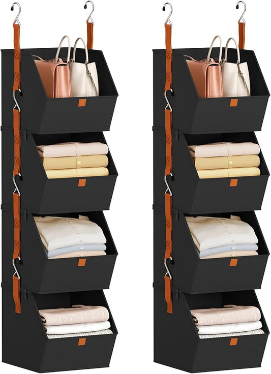 Homsorout Hanging Closet Organizer 4 Tier - Clothes Hanging Shelves, Space-Saving Closet System, Fabric Storage Bins Bedroom Organization, Collapsible Baskets for Home, Dorm, Rv, Black, 8 Pack