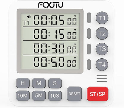 Digital Dual Kitchen Timer, 4-Channel Magnetic Countdown Timer for Cooking, On/Off, Large Display Multi Food Loud Alarm Silent for Classroom Seniors Battery Included (White)