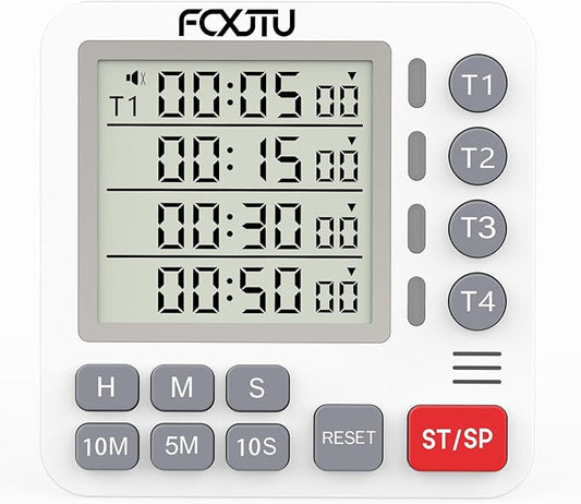 Digital Dual Kitchen Timer, 4-Channel Magnetic Countdown Timer for Cooking, On/Off, Large Display Multi Food Loud Alarm Silent for Classroom Seniors Battery Included (White)