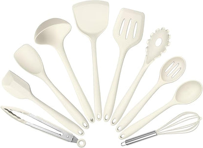 10 Pack Kitchen Utensils Set for Cooking, Leonyo Silicone Cooking Utensils Set, 446°F Heat Resistant Silicone Kitchen Tool with Turner Spatula, Serving Spoon, Whisk for Nonstick Cookware - White