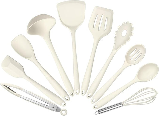 10 Pack Kitchen Utensils Set for Cooking, Leonyo Silicone Cooking Utensils Set, 446°F Heat Resistant Silicone Kitchen Tool with Turner Spatula, Serving Spoon, Whisk for Nonstick Cookware - White