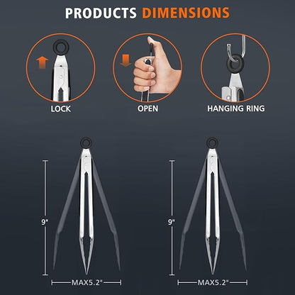 Hotec Stainless Steel Kitchen Tongs, Set of 2-9" and 12", Locking Metal Food Tongs for Cooking, Serving, BBQ, Grill Non-Slip Grip - Image 3