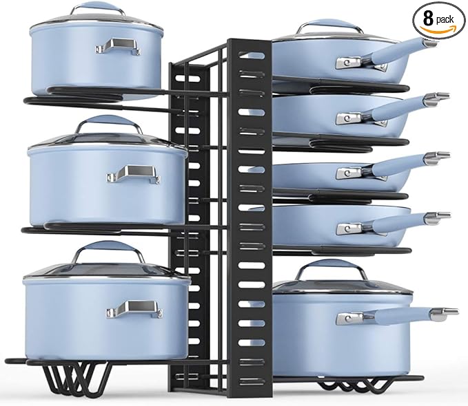 Felibeaco Adjustable Pots and Pans Organizer Rack for Cabinet, Metal Pans Pots Lids Storage Holder Rack with 3 DIY Methods for Kitchen, Counter,Black