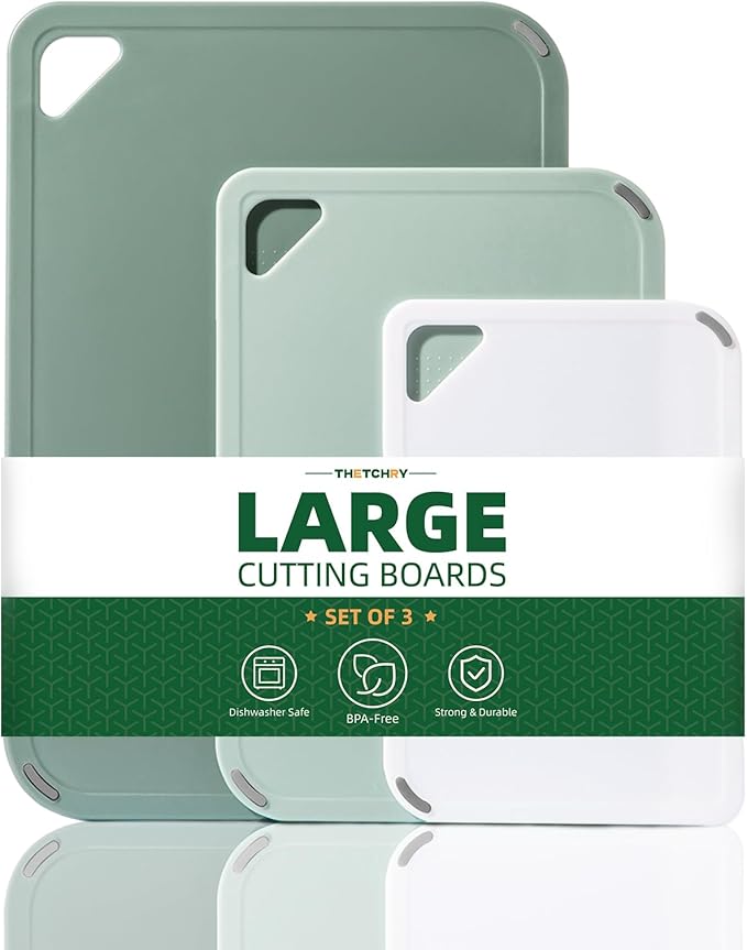 THETCHRY Plastic Cutting Board Set of 3-Cutting Boards for Kitchen BPA Free, Large-Small Chopping Boards Non-Slip for Cooking Camping Dishwasher Safe, Reversible, with Grip Handle, 15"×10"×0.25" Green by Thetchry