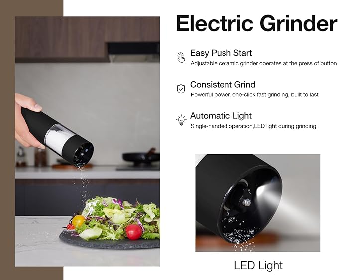 Black Stainless Steel Electric Salt and Pepper Grinder Set with Dust Cover – Rechargeable Automatic Pepper Mill, LED Light, Adjustable Coarseness (2 Pack) - Image 2