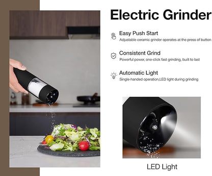 Black Stainless Steel Electric Salt and Pepper Grinder Set with Dust Cover – Rechargeable Automatic Pepper Mill, LED Light, Adjustable Coarseness (2 Pack) - Image 2