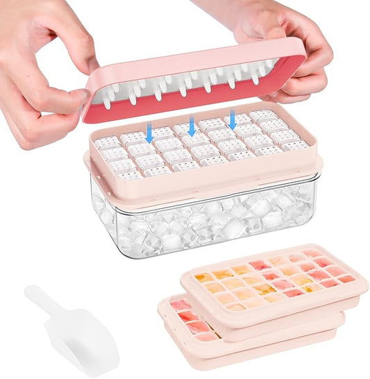 PHINOX Ice Cube Tray with Lid and Bin, Ice Trays for Freezer, Flexible Ice Cube Trays, Making 56 pcs Ice Cubes, Chilling Cocktail, Whiskey, Coffee, with 2 trays, Ice Container, Scoop&Cover, BPA Free by PHINOX