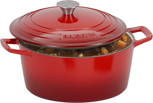 Bakken Enameled Cast Iron Dutch Oven Pot, 6QT Dutch Oven for Bread Baking, Braising & Roasting, Kitchen & Campfire Cooking, Moisture-Locking Lid, Oven Safe Up To 500°F, Works on All Cooktops, Red