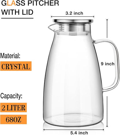 LUNA & MANTHA 2 Liter 68oz Water Pitcher with Handle and Spout, Glass Pitcher with Lid for Fridge, Borosilicate Glass for Sangria, Iced Tea, Juice, Cold/Hot Beverage, Large Jug with 2 Silicone Rings - Image 3