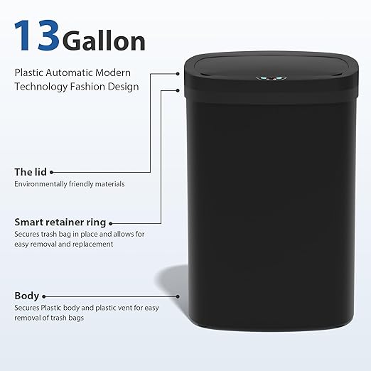 13 Gallon/50 L Kitchen Trash Can with Lid, Garbage Can with Touch-Free Lid, Cute Automatic Trash Can Bathroom Trash Bin, Motion Sensor Waterproof Trash Bin