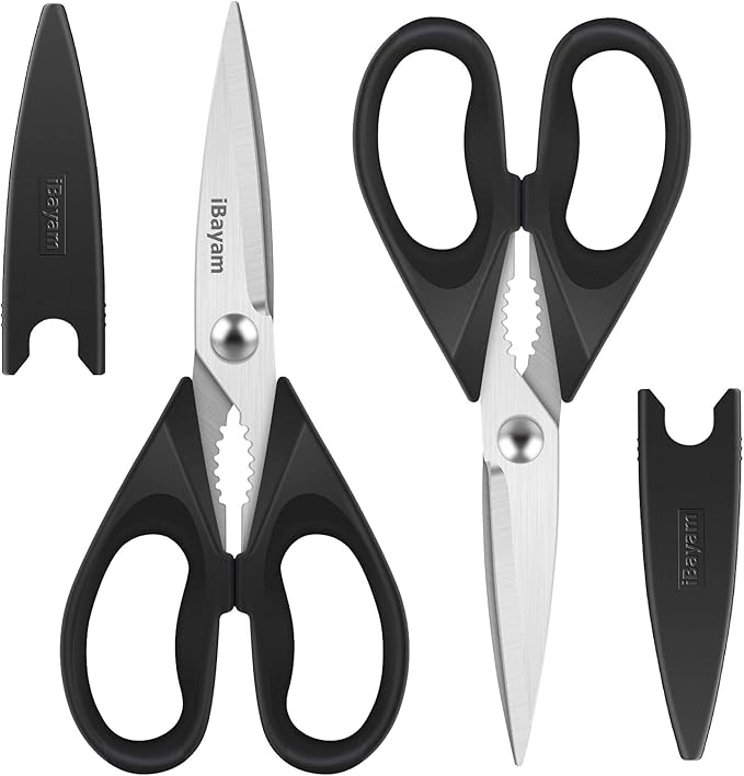 iBayam Black Kitchen Scissors - Heavy Duty Meat & Poultry Shears, Dishwasher Safe Stainless Steel Utility Scissors, 2-Pack Black Kitchen Utensils Set for New Home Essentials by iBayamDirect