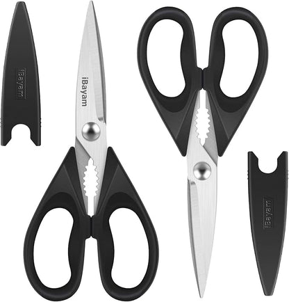 iBayam Black Kitchen Scissors - Heavy Duty Meat & Poultry Shears, Dishwasher Safe Stainless Steel Utility Scissors, 2-Pack Black Kitchen Utensils Set for New Home Essentials by iBayamDirect