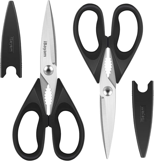 iBayam Black Kitchen Scissors - Heavy Duty Meat & Poultry Shears, Dishwasher Safe Stainless Steel Utility Scissors, 2-Pack Black Kitchen Utensils Set for New Home Essentials by iBayamDirect