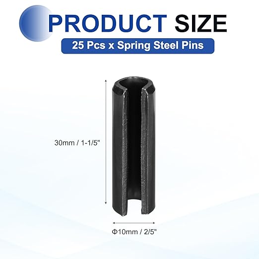MECCANIXITY 25Pcs Slotted Split Roll Pins 2/5 Inch(10mm) Dia. 1-1/5 Inch(30mm) Length 65Mn Steel Spring Tension Expansion Dowels for Secure Fastening, Black
