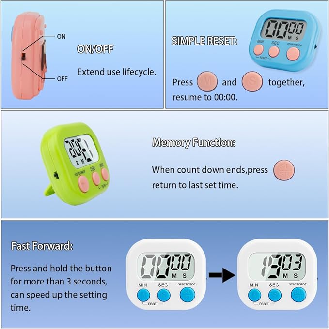 Digital Kitchen Timer, 6 Pcs Classroom Timers for Kids Teacher, Magnetic Countdown Minute Simple Timer for Cooking Study Exercise Game Baking Reading Gym Meeting Work Task (Blue/Green/White)