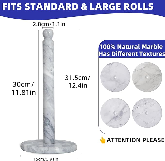 Natural Marble Paper Towel Holder for Kitchen Countertop - 2.6 lbs (1.2kg) Heavy Duty Weighted Base for One-Handed Tearing - Fits Jumbo Rolls - Elegant Modern Design with Ball Top - White & Grey