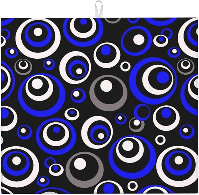 Blue Black White Geometric Circle Dish Drying Mat for Kitchen Counter, 16" x 18" Absorbent Microfiber Drying Pad for Dishes, Modern Decor Kitchen Mat, Foldable, for Sink, Dining Area, Small Appliances