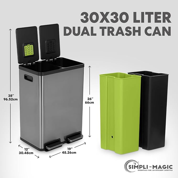 Simpli-Magic 16 Gallon (60L) Elegant Black Step Trash Can – Dual Compartment Kitchen Garbage Can with Waste & Recycling Bins – Slow-Close Lid, Odor Control, Hands-Free, Premium Stainless Steel - Image 3