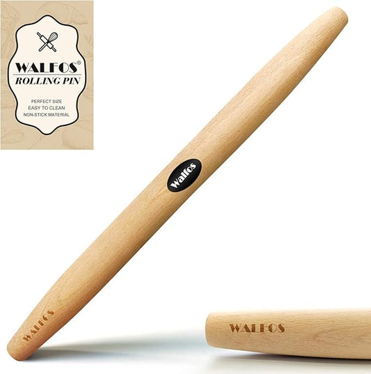 WALFOS French Rolling Pin for Baking, Tapered Design Natural Beech Wood Rolling Pins, Essential Kitchen Dough Roller for Fondant, Pizza, Pie, Cookie and Pastry by Walfos