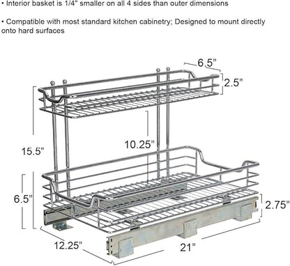 Household Essentials Glidez Multipurpose Chrome-Plated Steel Pull-Out/Slide-Out Storage Organizer for Under Sink or Under Cabinet Use - 2-Tier Design - Fits Standard Size Cabinet or Shelf, Chrome