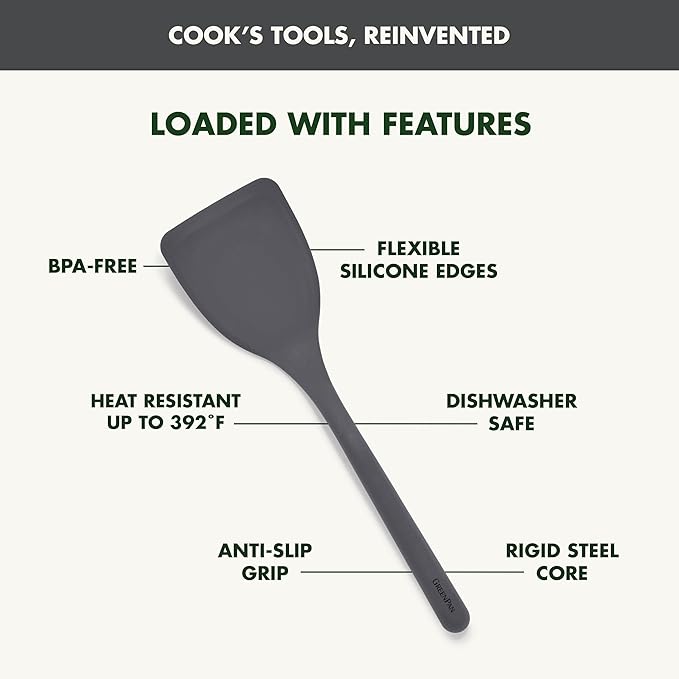 GreenPan Silicone Solid Turner Spatula, Flipping Cooking Kitchen Utensil, Flexible Rubber Nonstick Cookware, Rigid Steel Core, Heat-Resistant, Anti-Slip Handle, BPA-Free, Dishwasher Safe, Gray - Image 4