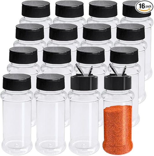 OJYUDD 16 Pack 3.4oz/100ml Plastic Spice Bottles Set,Empty Seasoning Containers with Black Cap,Clear Reusable Containers Jars for Spice,Herbs,Powders,Glitters by OJYUDD