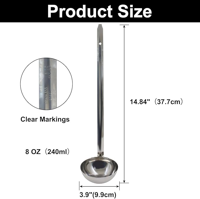 8 Oz Stainless Steel Ladle, 3 Pcs Sturdy Soup Ladle, 15" Long Handle Length for Stirring, Portioning and Serving Soup and Stew in Restaurants and Home (3.9" Bowl Diameter） - Image 2