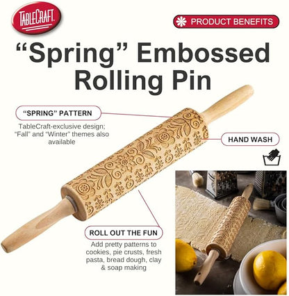 TableCraft Embossed Beech Wood Rolling Pin – 15.25 Inches, Fall Leaf Imprint for Seasonal Baking, Durable Wood Rolling Pin for Cookies, Pastries & Fondant, Autumn Carved Design, Handwash Recommended