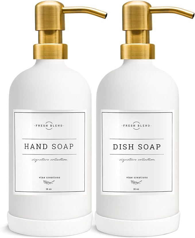 Vine Creations Glass Soap Dispenser, 2 Pack Kitchen Soap Dispenser Set with Stainless Steel Pump, 16 oz Dish Soap and Hand Soap Dispensers for Bathroom with Waterproof Labels (White) by VineCreations