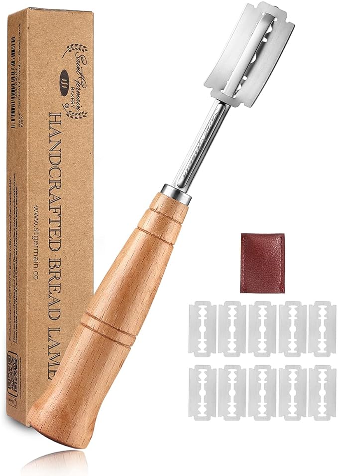 "SAINT GERMAIN Premium Hand Crafted Bread Lame for Dough Scoring Knife, Lame Bread Tool for Sourdough Bread Slashing with 10 Blades Included with Replacement with Authentic Leather Protector Cover" by Saint+Germain+Bakery