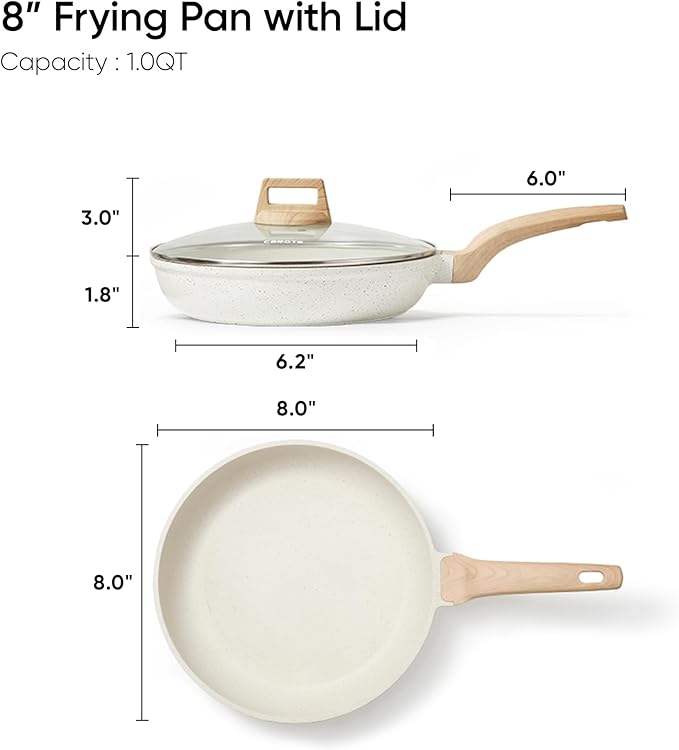 CAROTE 8 Inch Non Stick Frying Pan with Lid,White Granite Nonstick Skillet Omelet Pans, Egg Pan Granite Cookware, PFOS & PFOA Free - Image 2
